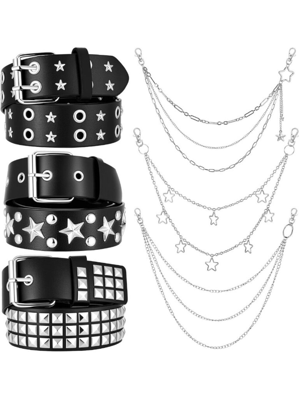 3 Pcs Black Studded Y2K Punk Rock Belts - Multi-Layer Chain Hip Hop Style